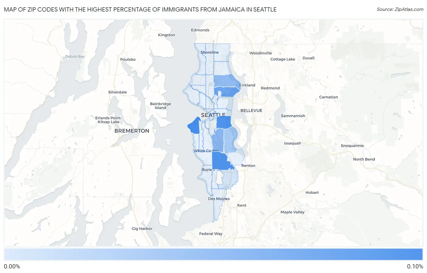 Zip Codes with the Highest Percentage of Immigrants from Jamaica in Seattle Map