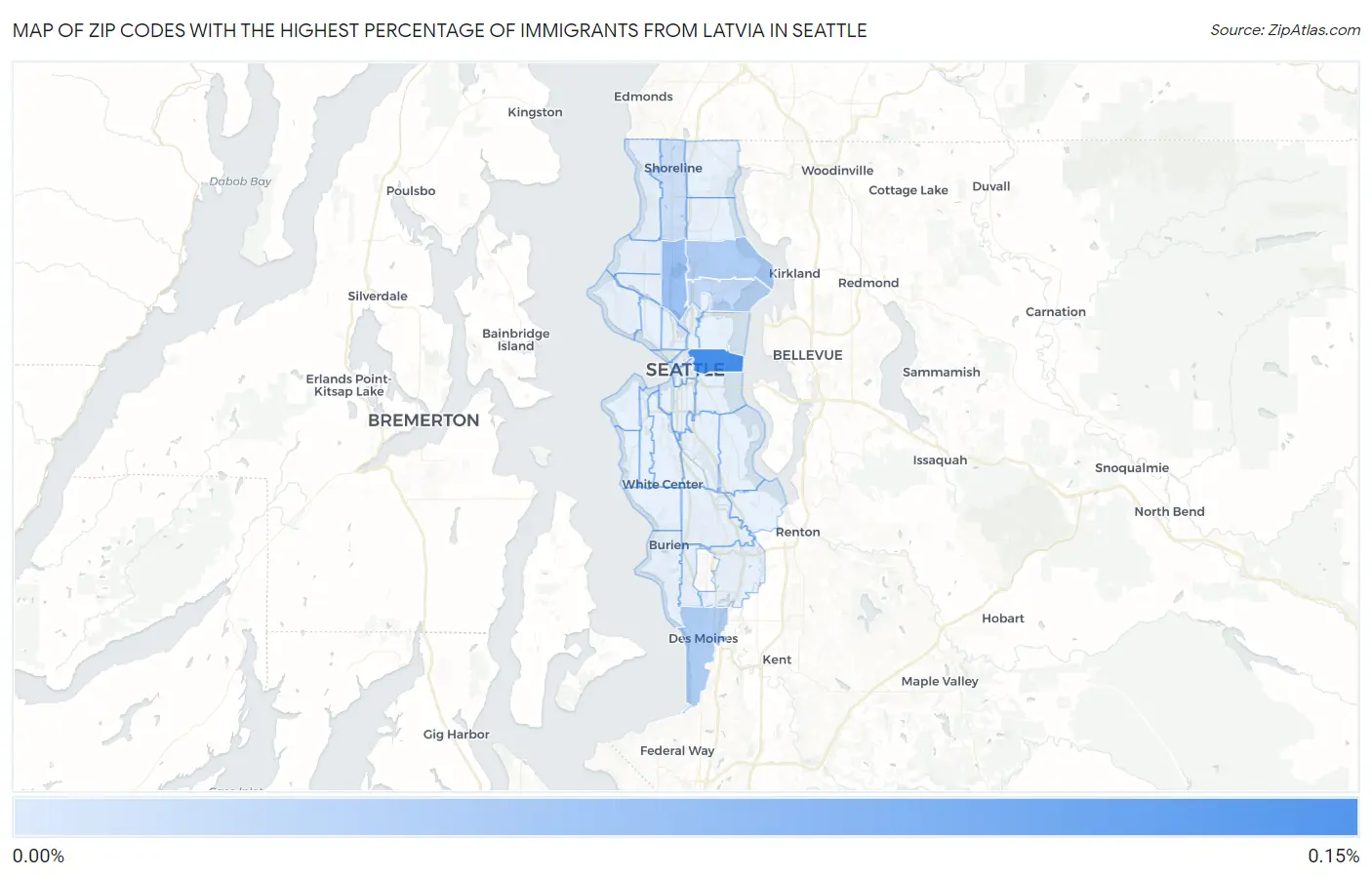 Zip Codes with the Highest Percentage of Immigrants from Latvia in Seattle Map