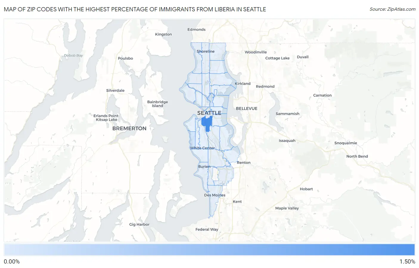 Zip Codes with the Highest Percentage of Immigrants from Liberia in Seattle Map