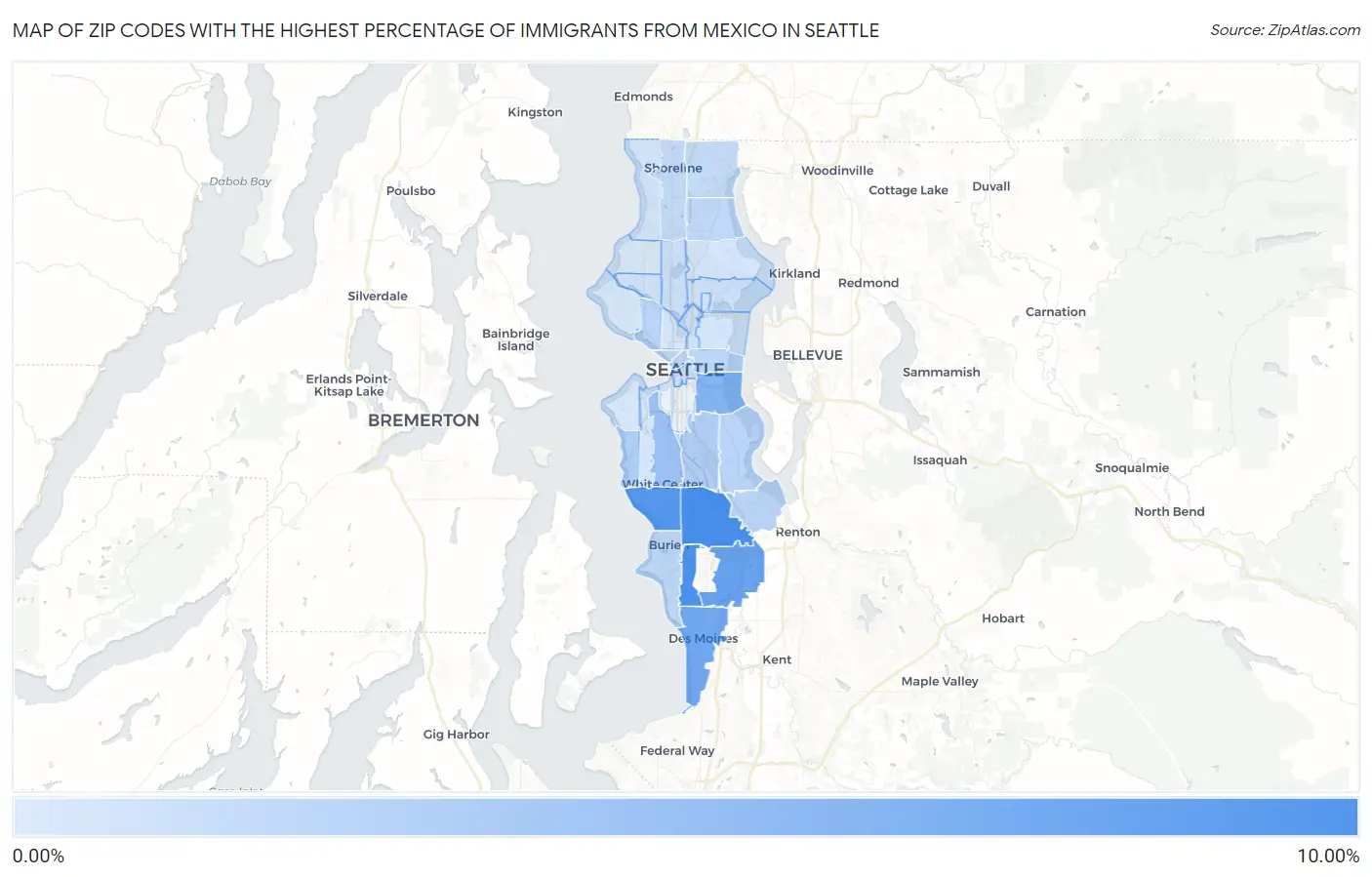 Zip Codes with the Highest Percentage of Immigrants from Mexico in Seattle Map