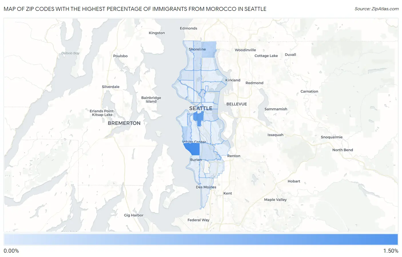 Zip Codes with the Highest Percentage of Immigrants from Morocco in Seattle Map