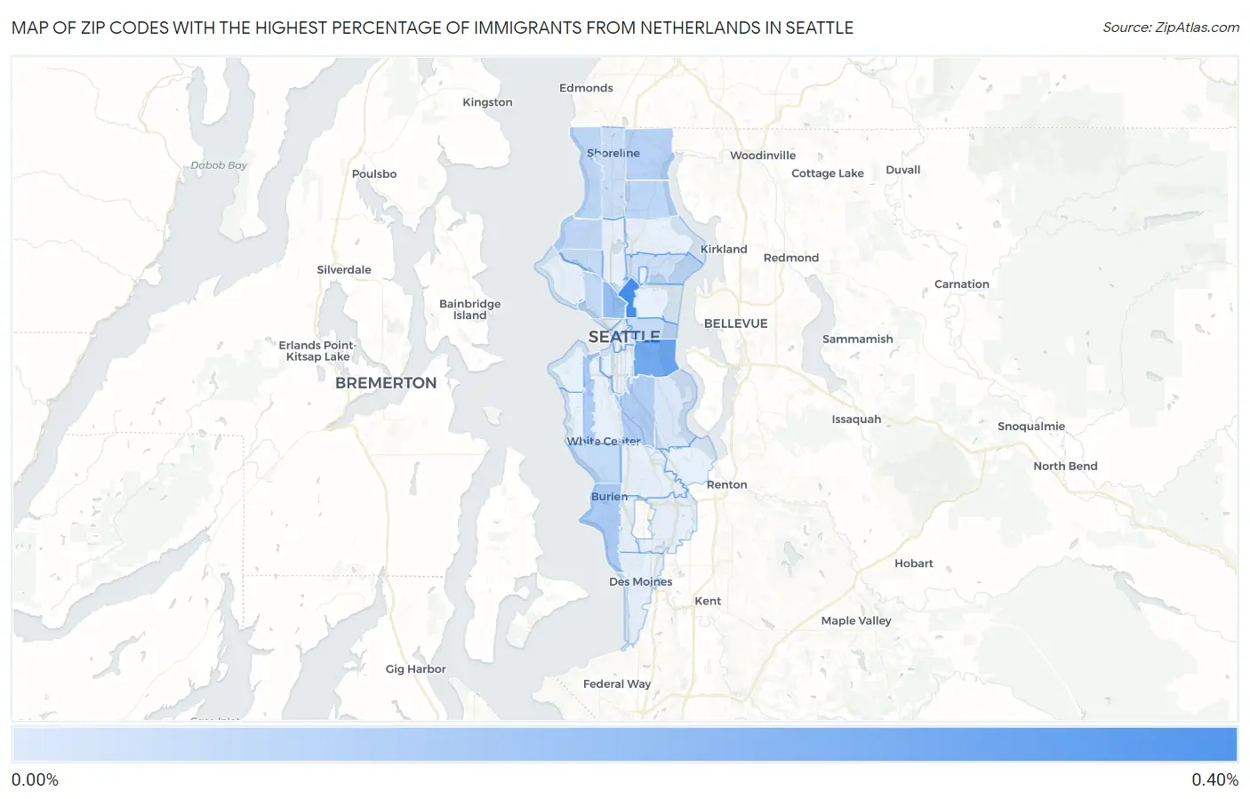 Zip Codes with the Highest Percentage of Immigrants from Netherlands in Seattle Map