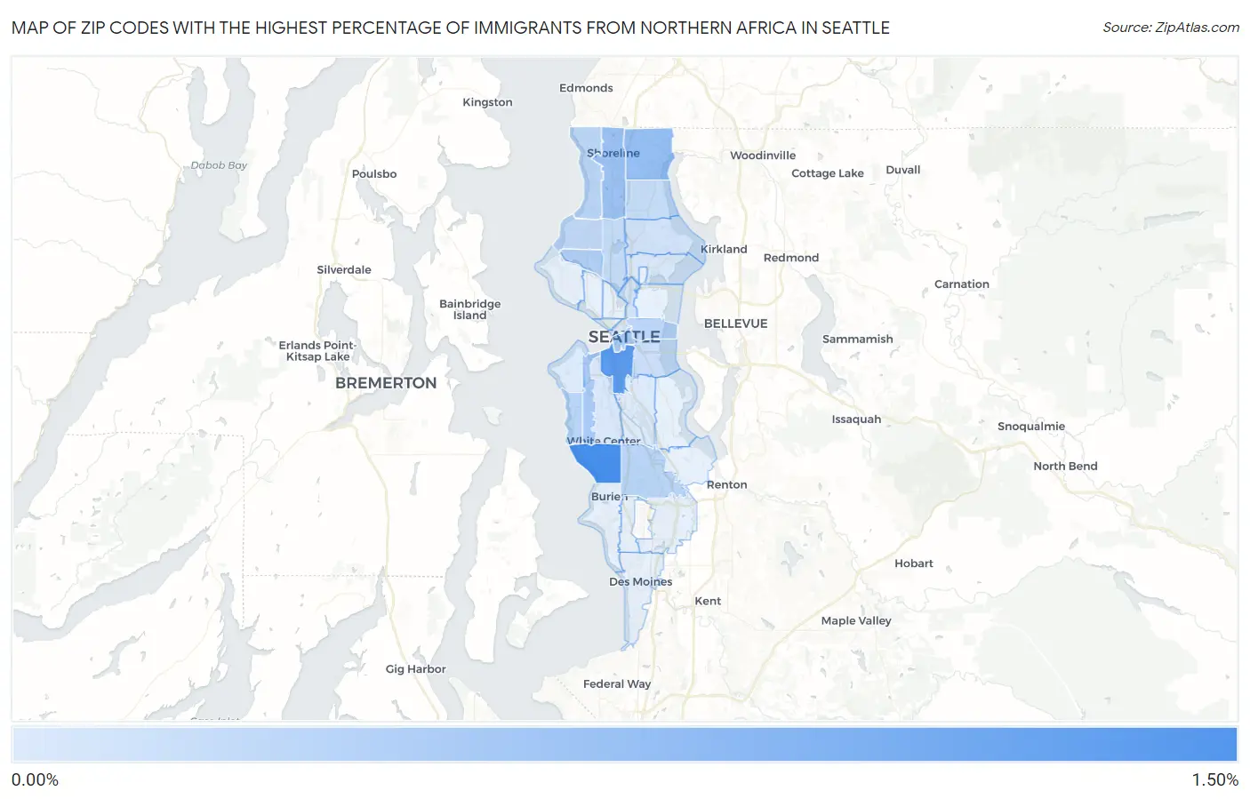 Zip Codes with the Highest Percentage of Immigrants from Northern Africa in Seattle Map