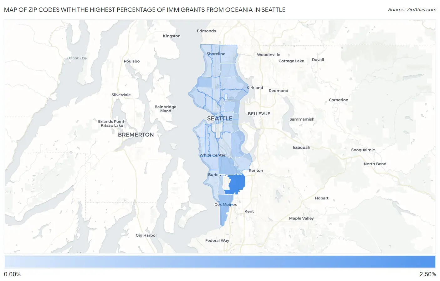Zip Codes with the Highest Percentage of Immigrants from Oceania in Seattle Map