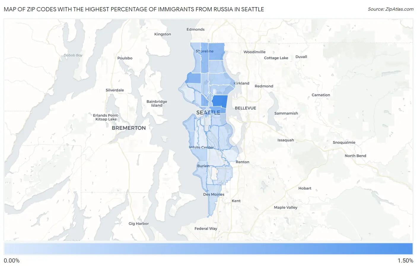 Zip Codes with the Highest Percentage of Immigrants from Russia in Seattle Map