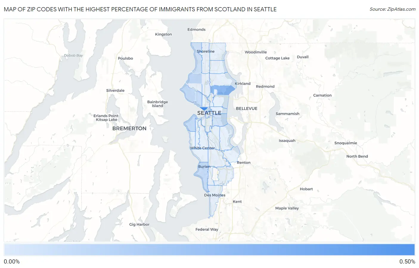 Zip Codes with the Highest Percentage of Immigrants from Scotland in Seattle Map