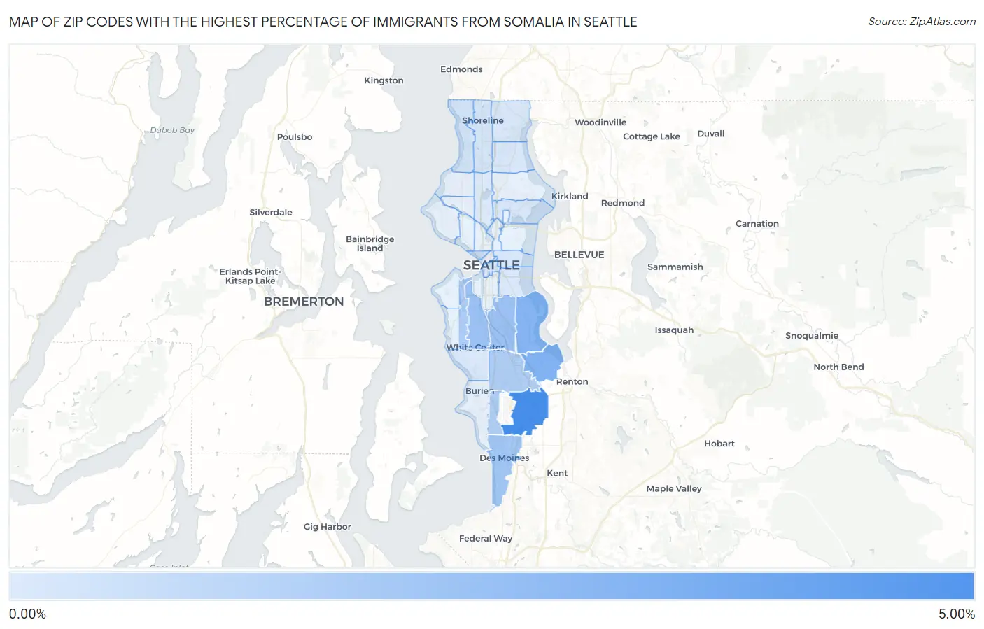 Zip Codes with the Highest Percentage of Immigrants from Somalia in Seattle Map