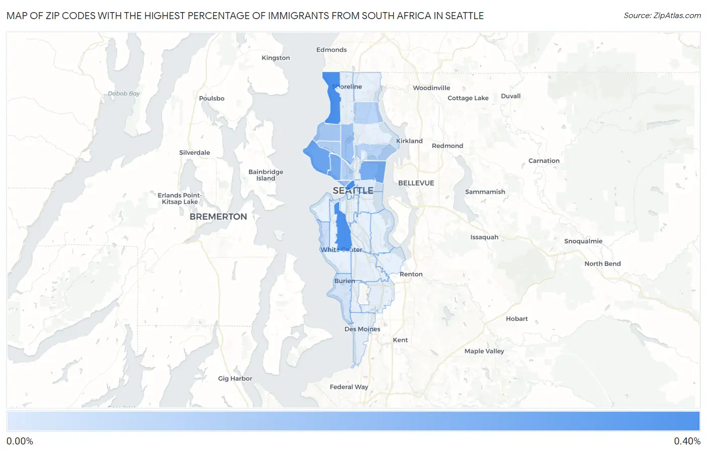 Zip Codes with the Highest Percentage of Immigrants from South Africa in Seattle Map