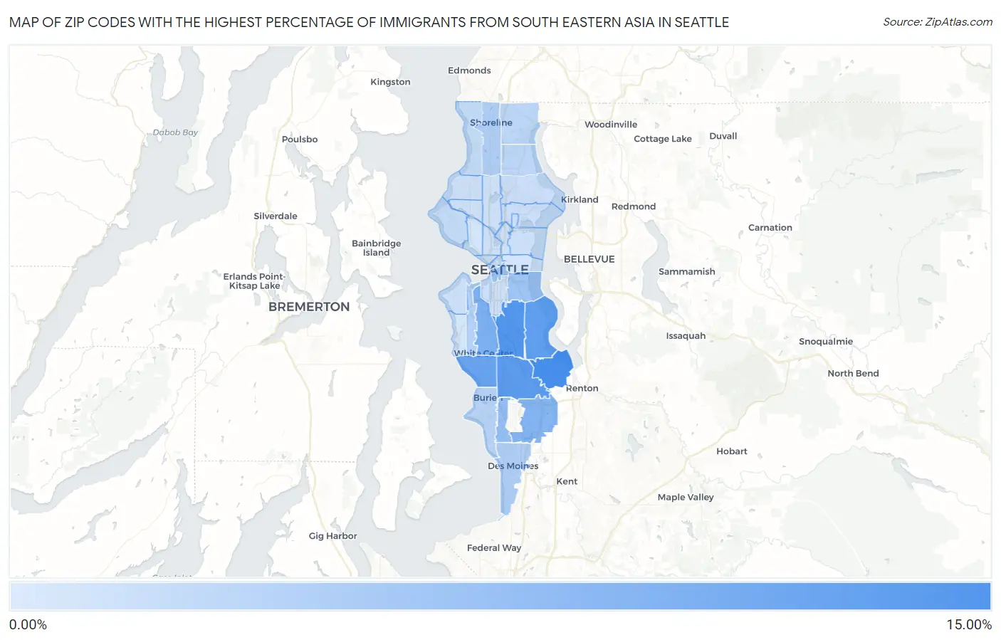 Zip Codes with the Highest Percentage of Immigrants from South Eastern Asia in Seattle Map