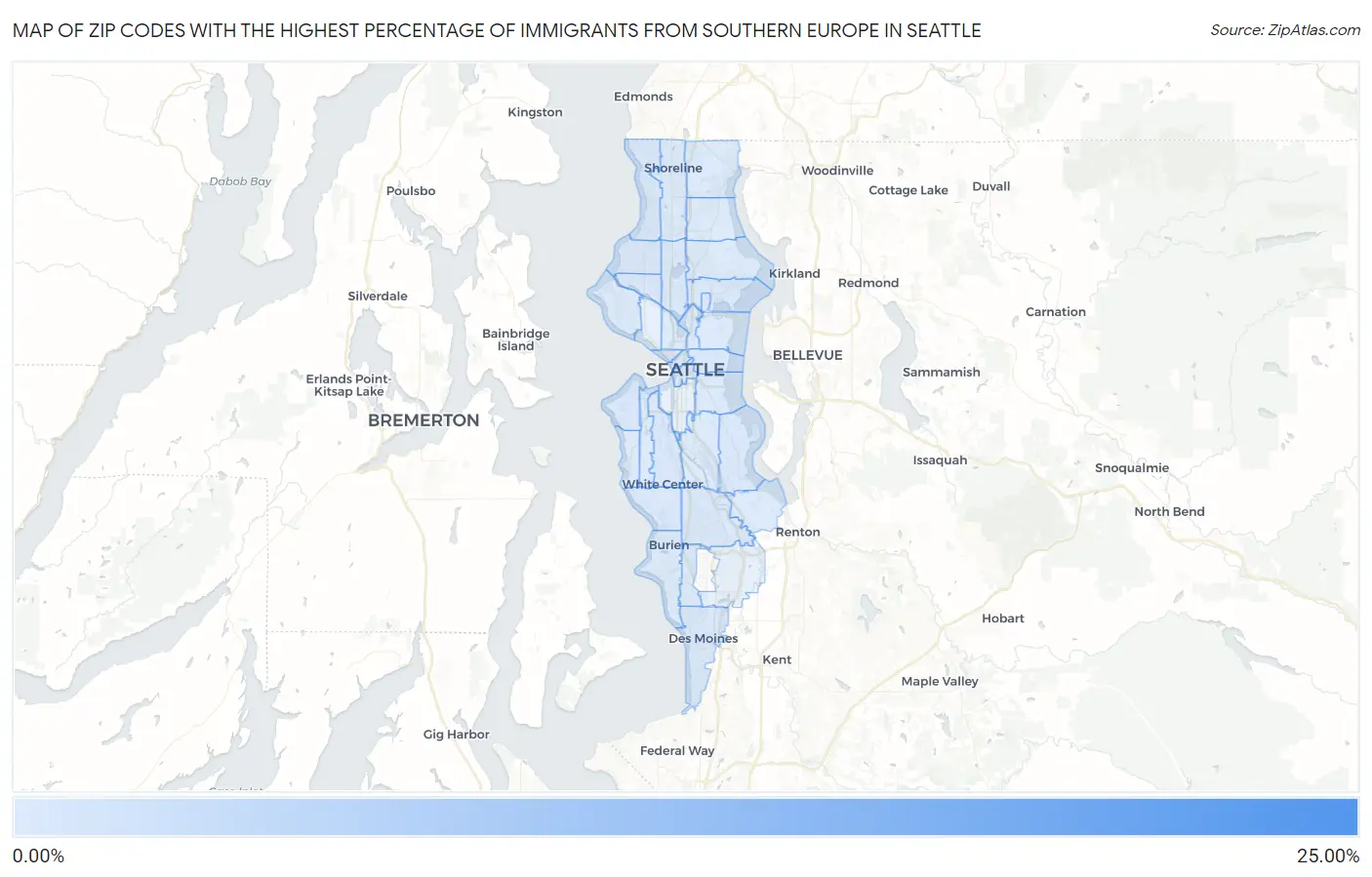 Zip Codes with the Highest Percentage of Immigrants from Southern Europe in Seattle Map