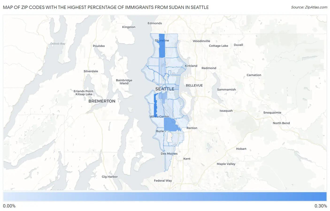 Zip Codes with the Highest Percentage of Immigrants from Sudan in Seattle Map