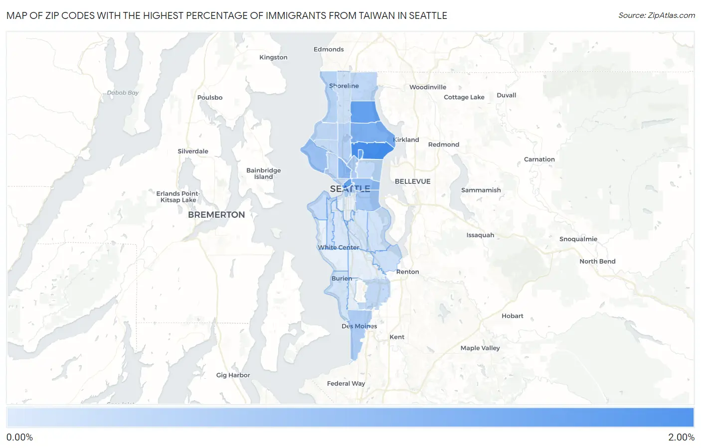 Zip Codes with the Highest Percentage of Immigrants from Taiwan in Seattle Map