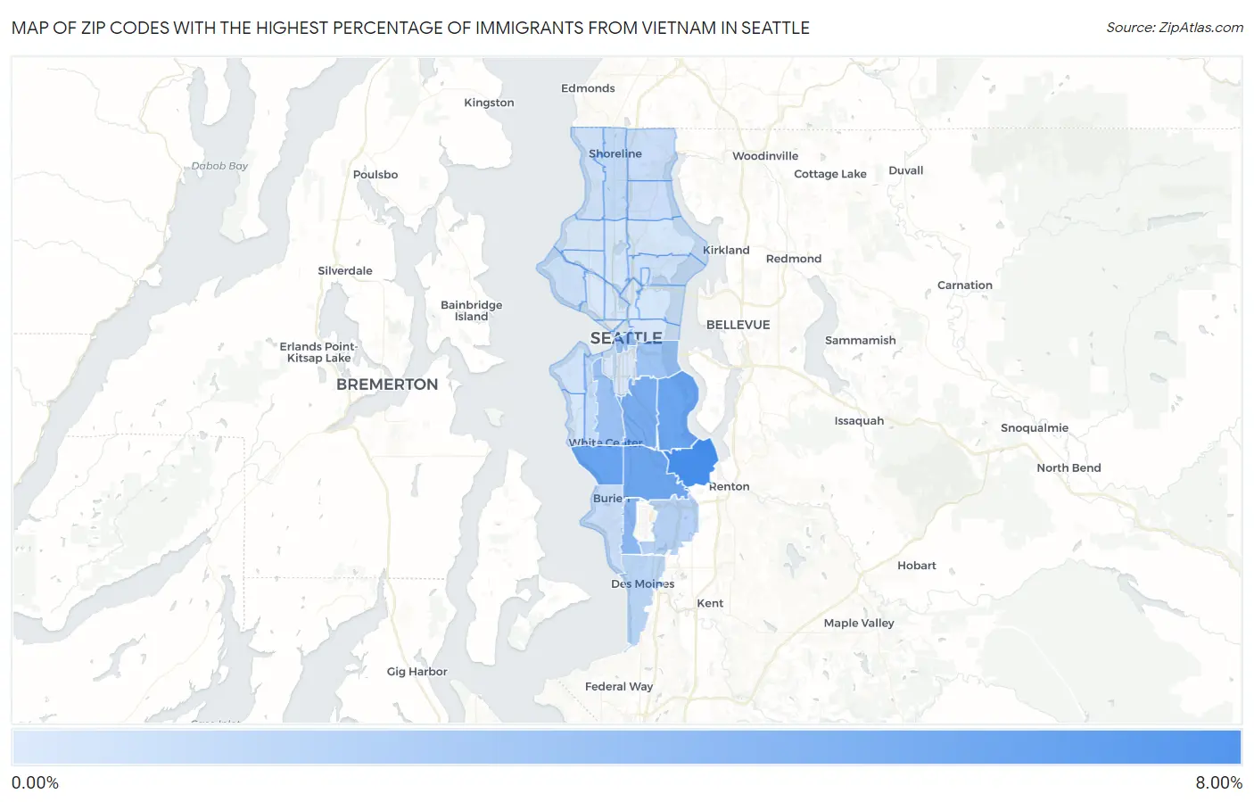 Zip Codes with the Highest Percentage of Immigrants from Vietnam in Seattle Map
