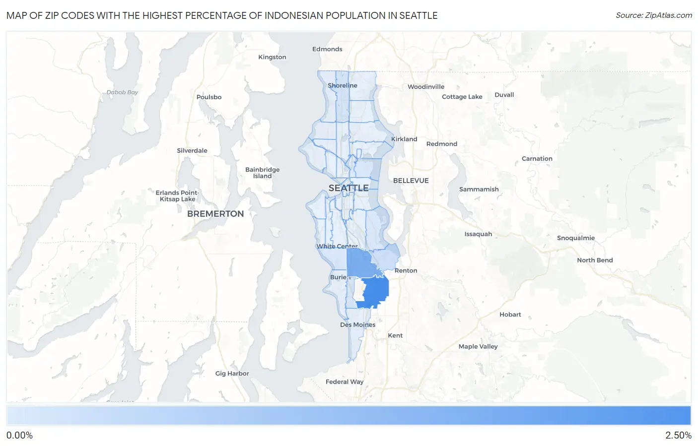 Zip Codes with the Highest Percentage of Indonesian Population in Seattle Map