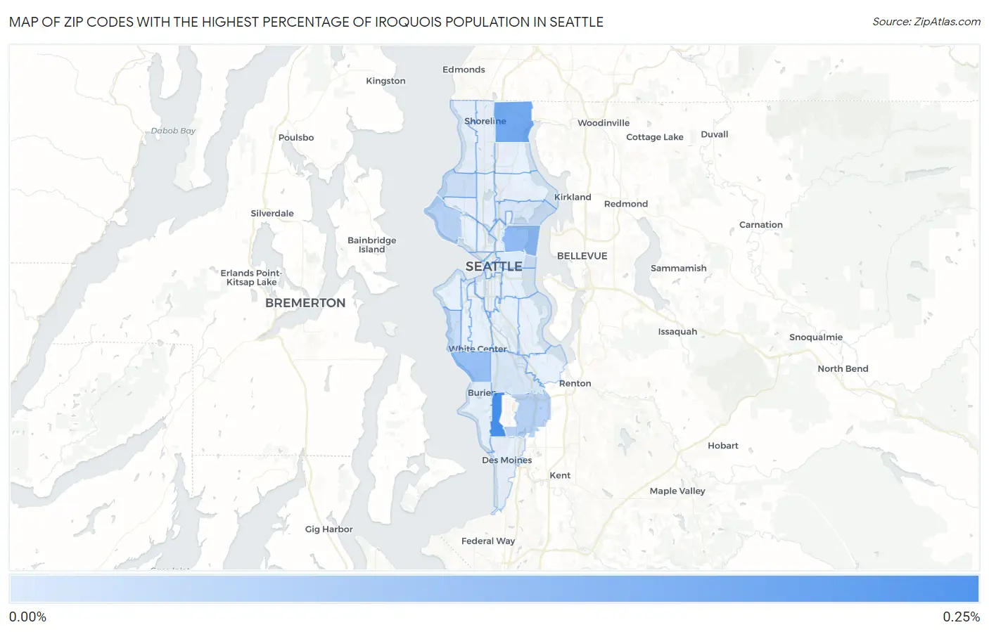 Zip Codes with the Highest Percentage of Iroquois Population in Seattle Map