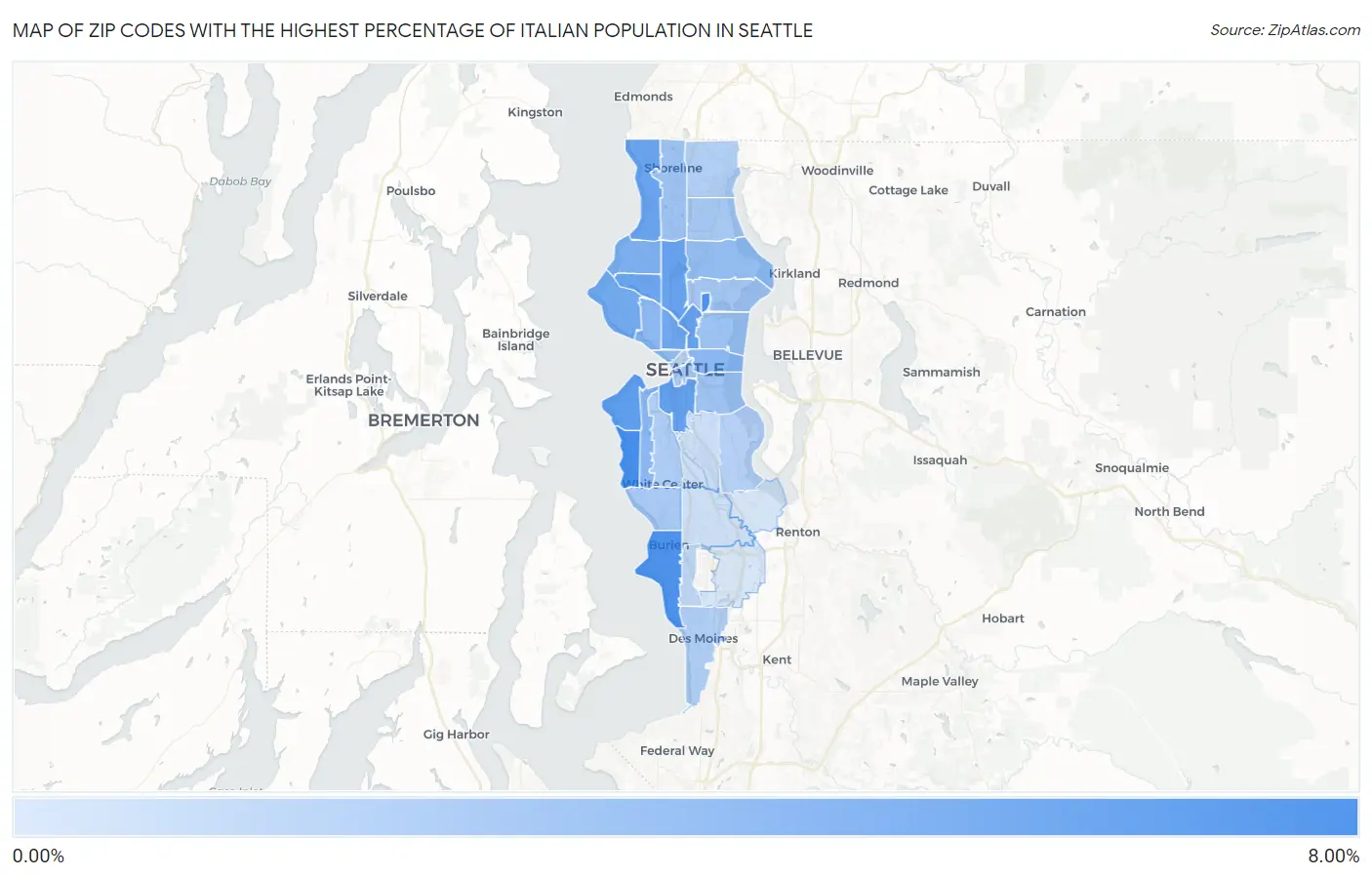 Zip Codes with the Highest Percentage of Italian Population in Seattle Map