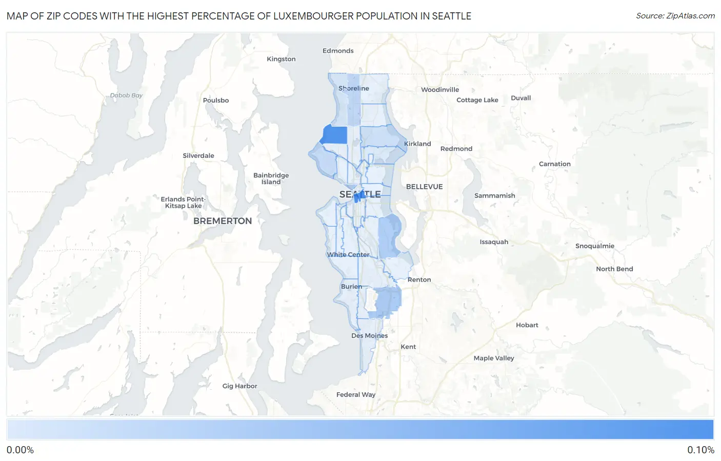 Zip Codes with the Highest Percentage of Luxembourger Population in Seattle Map