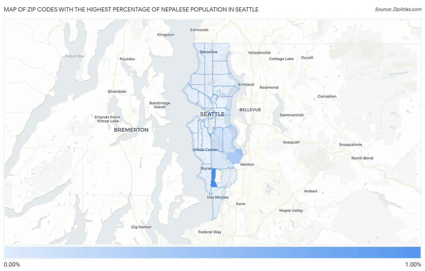 Zip Codes with the Highest Percentage of Nepalese Population in Seattle Map