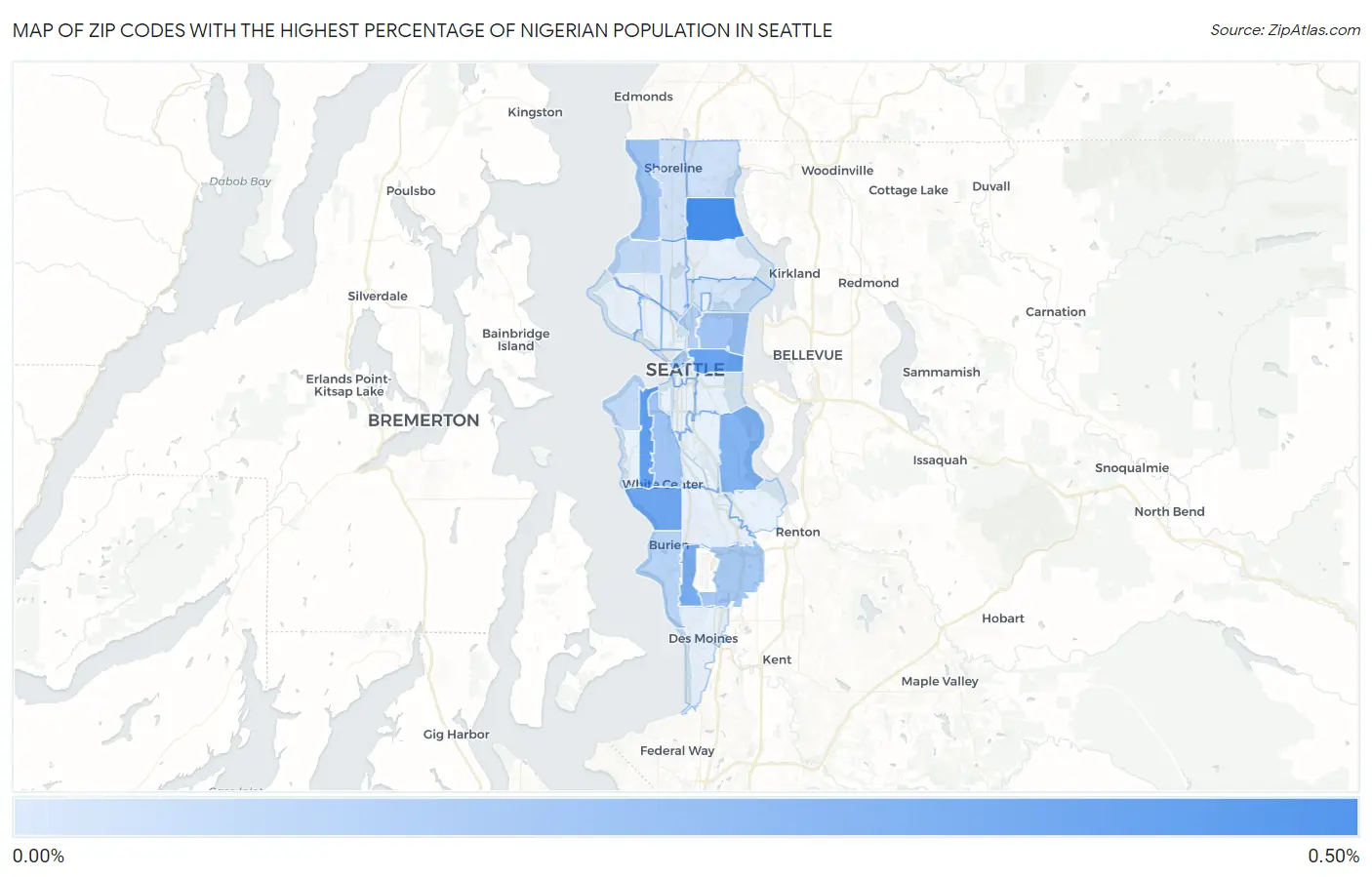 Zip Codes with the Highest Percentage of Nigerian Population in Seattle Map