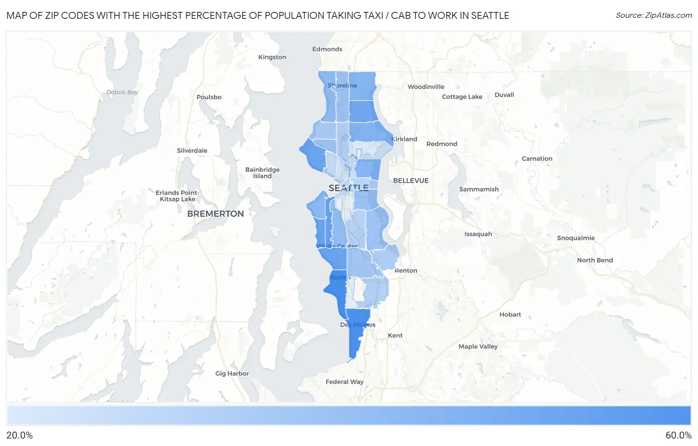 Zip Codes with the Highest Percentage of Population Taking Taxi / Cab to Work in Seattle Map