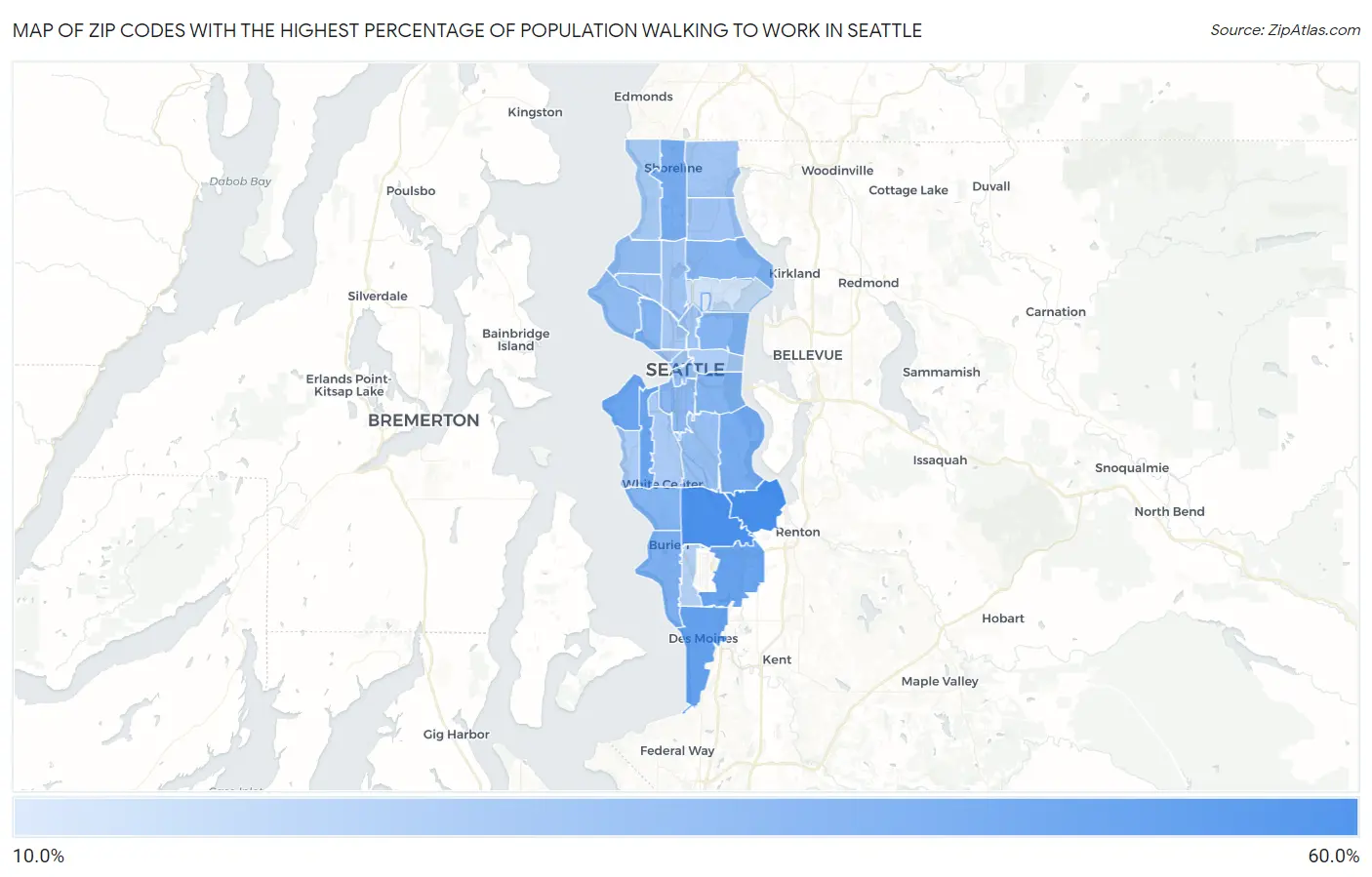 Zip Codes with the Highest Percentage of Population Walking to Work in Seattle Map