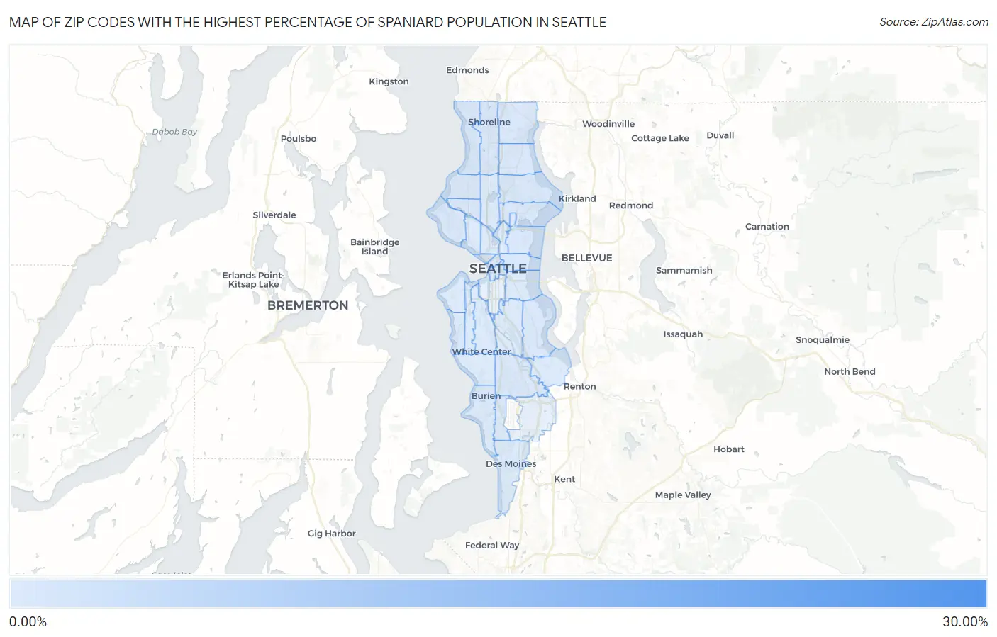 Zip Codes with the Highest Percentage of Spaniard Population in Seattle Map