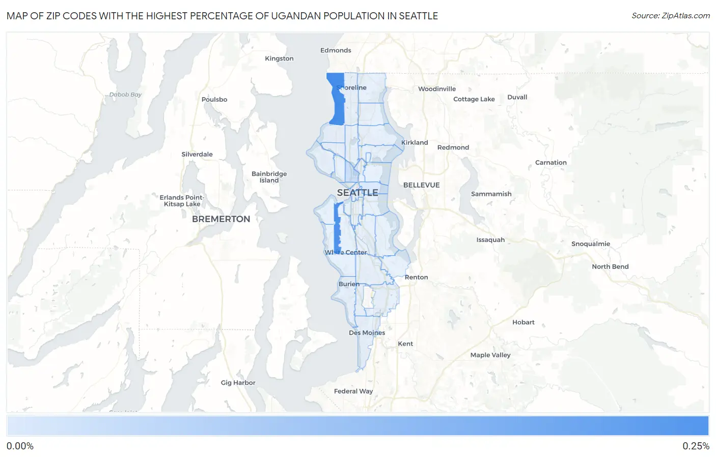 Zip Codes with the Highest Percentage of Ugandan Population in Seattle Map