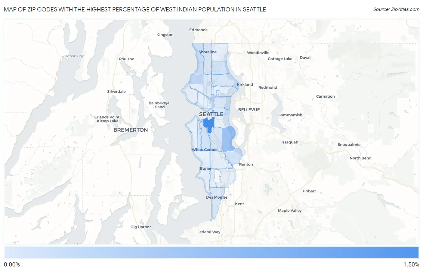 Zip Codes with the Highest Percentage of West Indian Population in Seattle Map