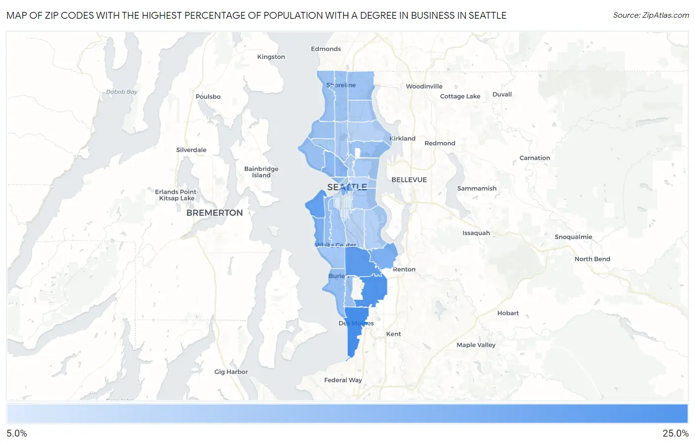 Zip Codes with the Highest Percentage of Population with a Degree in Business in Seattle Map