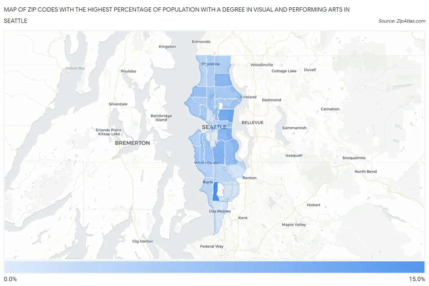 Zip Codes with the Highest Percentage of Population with a Degree in Visual and Performing Arts in Seattle Map