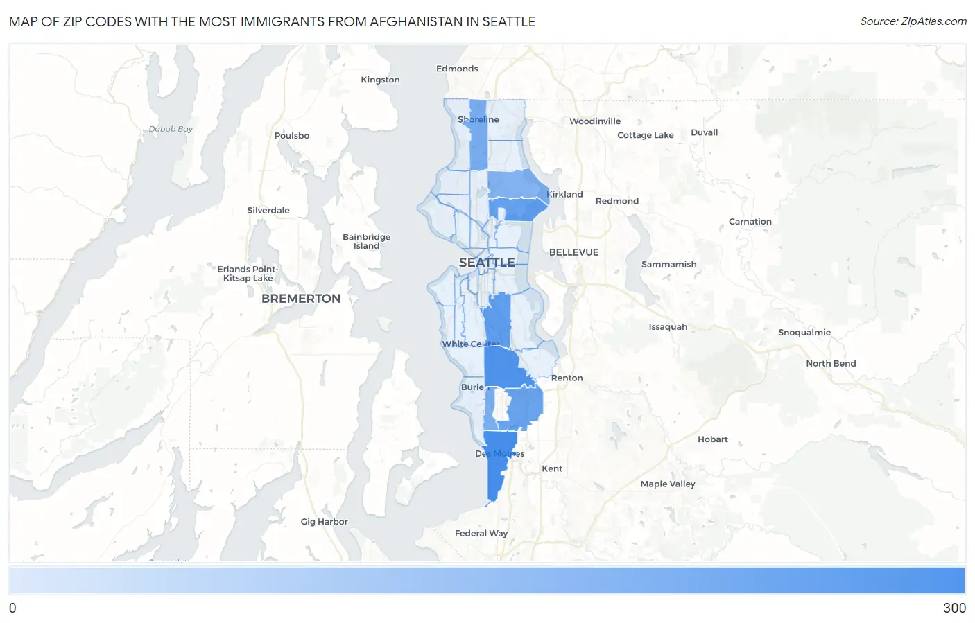 Zip Codes with the Most Immigrants from Afghanistan in Seattle Map