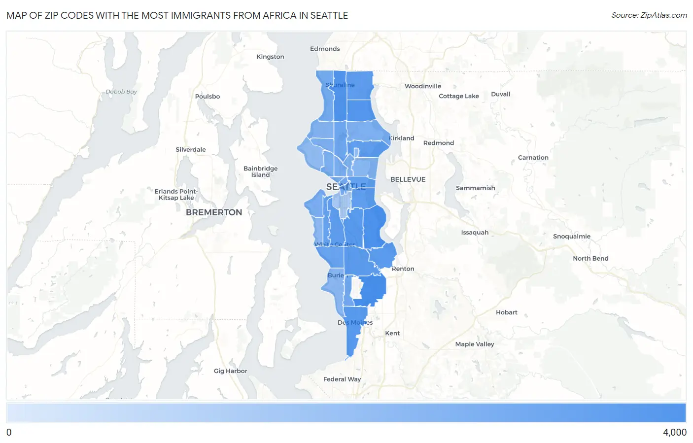 Zip Codes with the Most Immigrants from Africa in Seattle Map