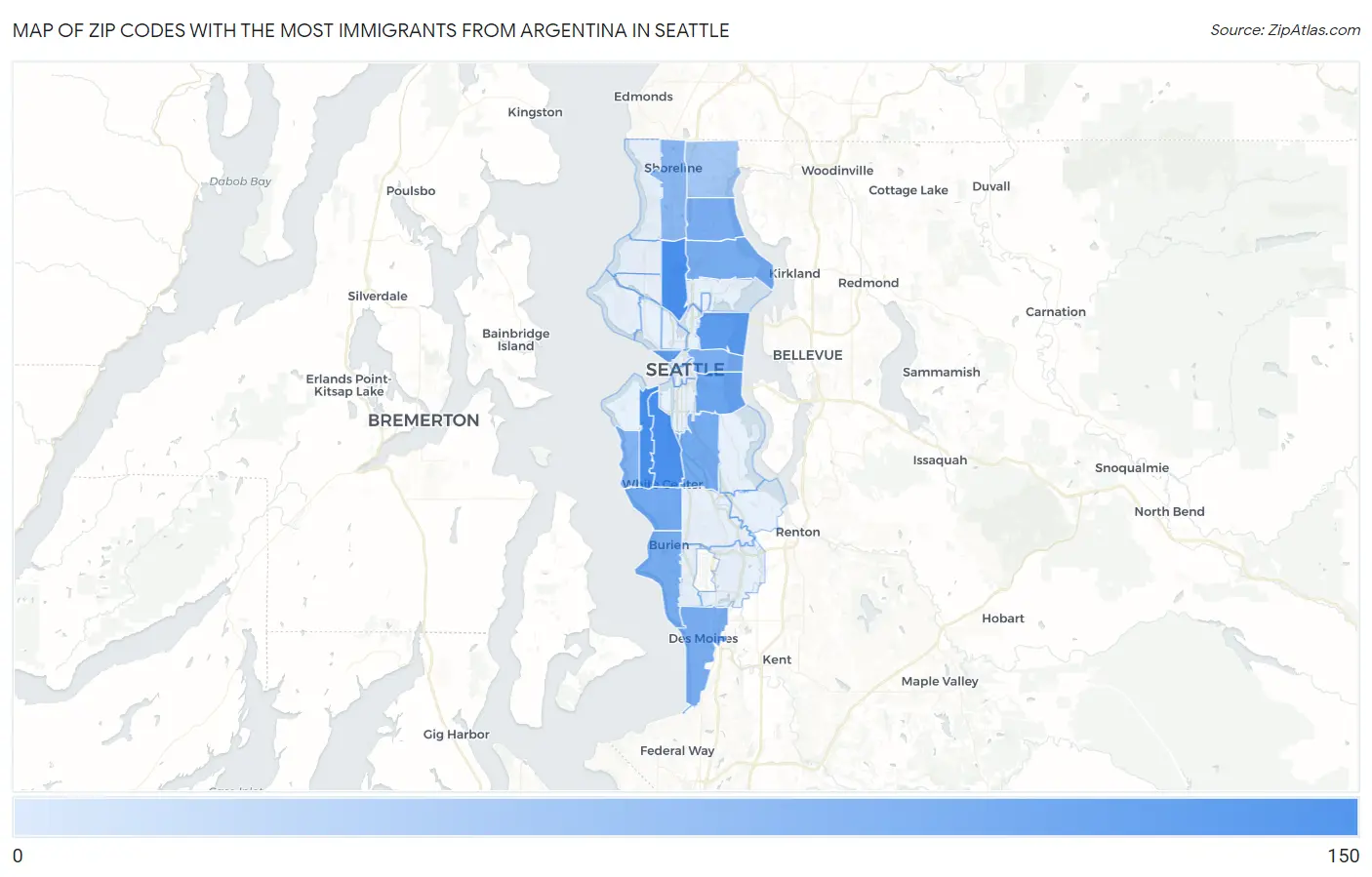 Zip Codes with the Most Immigrants from Argentina in Seattle Map