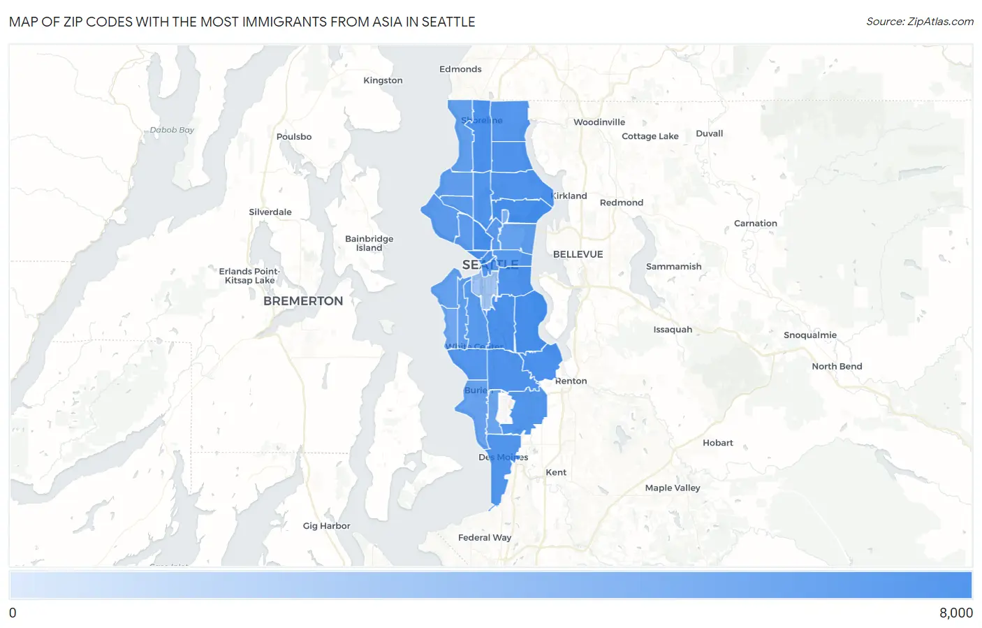 Zip Codes with the Most Immigrants from Asia in Seattle Map