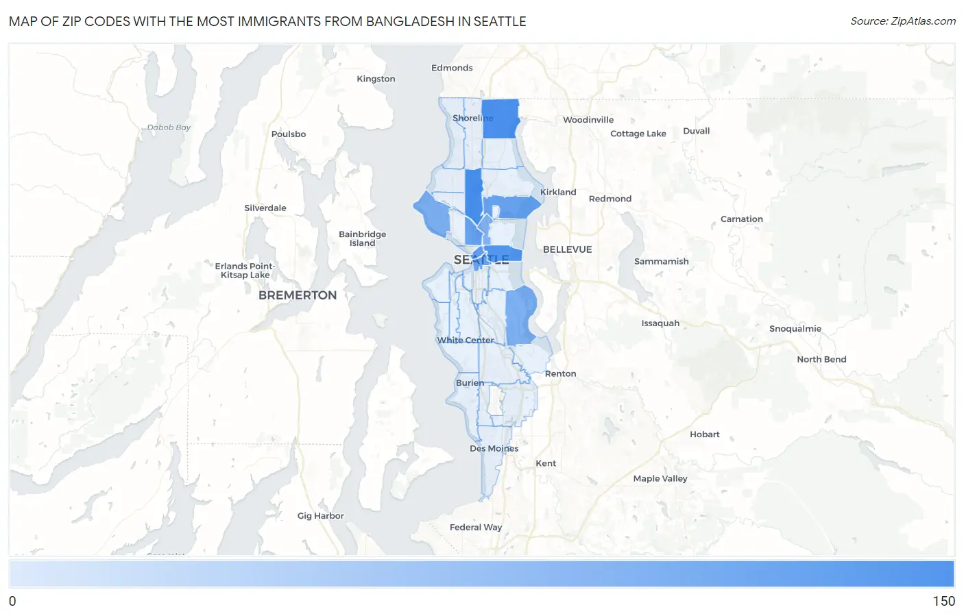 Zip Codes with the Most Immigrants from Bangladesh in Seattle Map