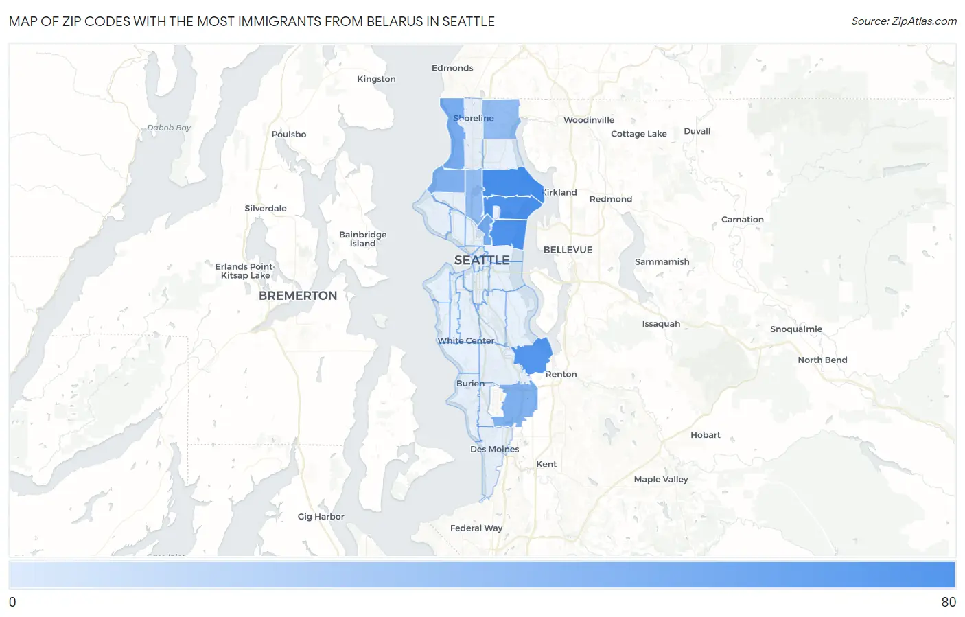 Zip Codes with the Most Immigrants from Belarus in Seattle Map