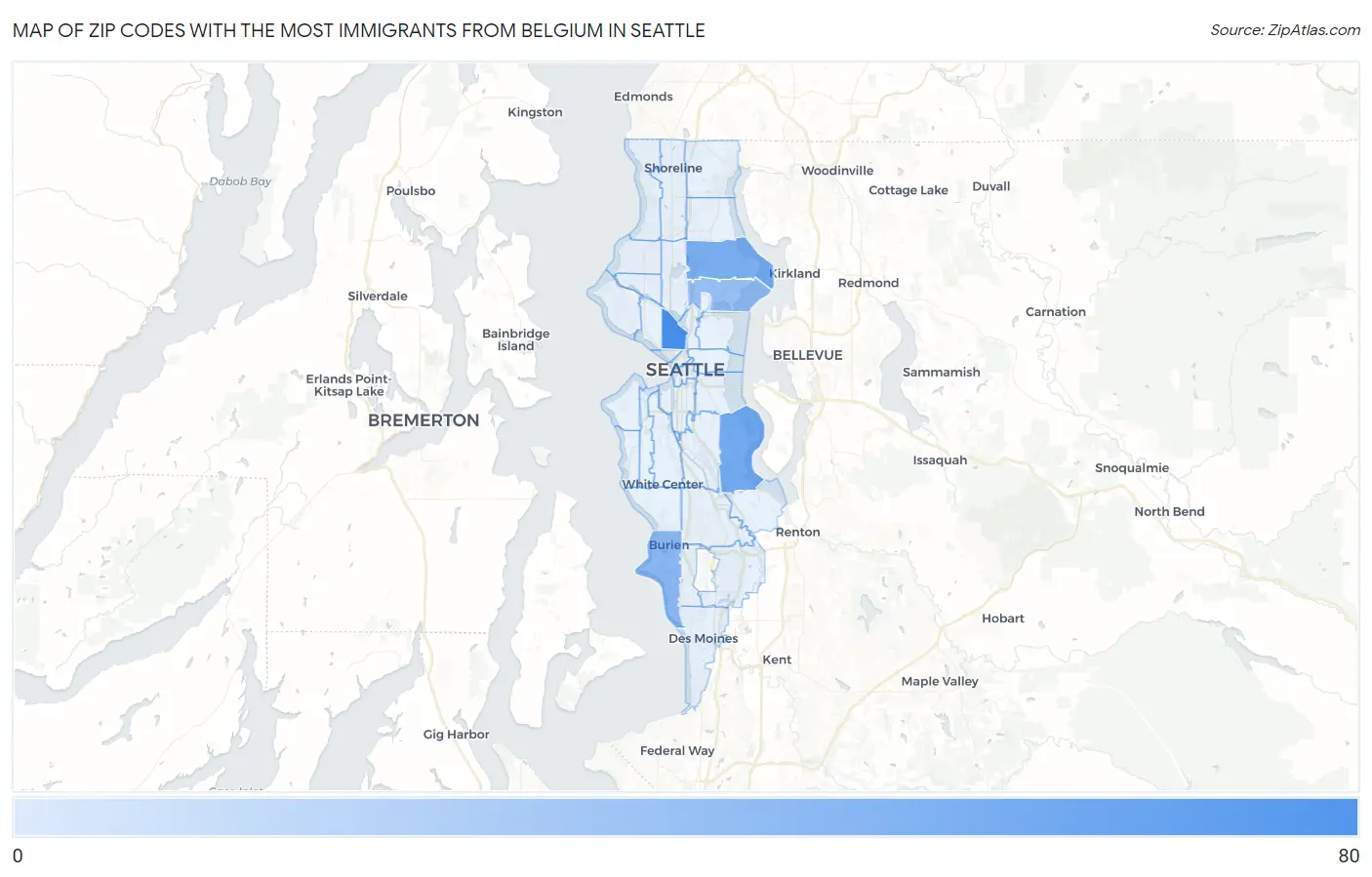 Zip Codes with the Most Immigrants from Belgium in Seattle Map