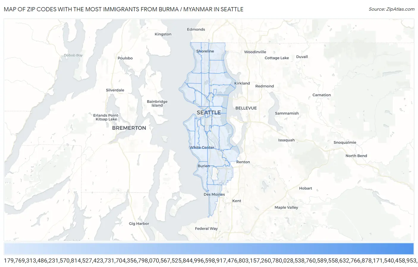 Zip Codes with the Most Immigrants from Burma / Myanmar in Seattle Map