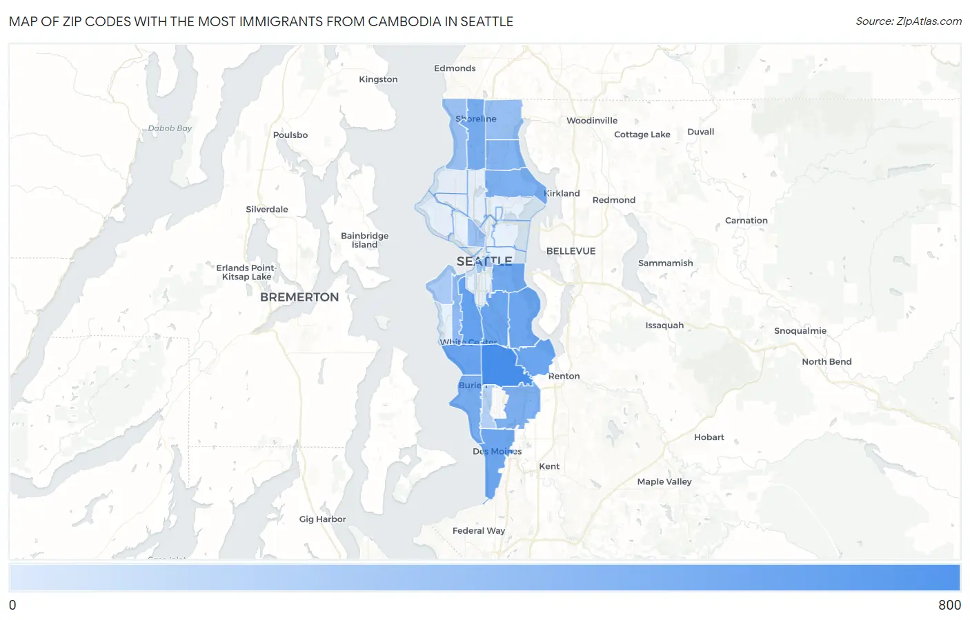Zip Codes with the Most Immigrants from Cambodia in Seattle Map