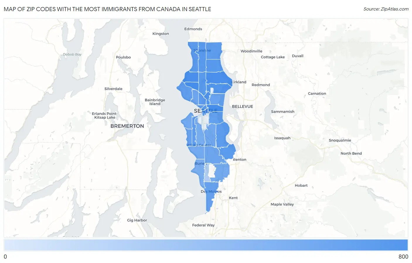 Zip Codes with the Most Immigrants from Canada in Seattle Map