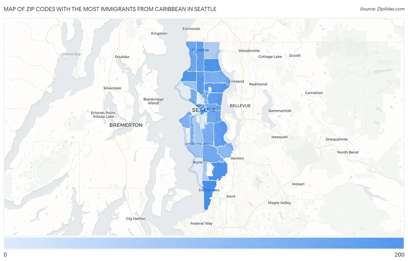 Zip Codes with the Most Immigrants from Caribbean in Seattle Map
