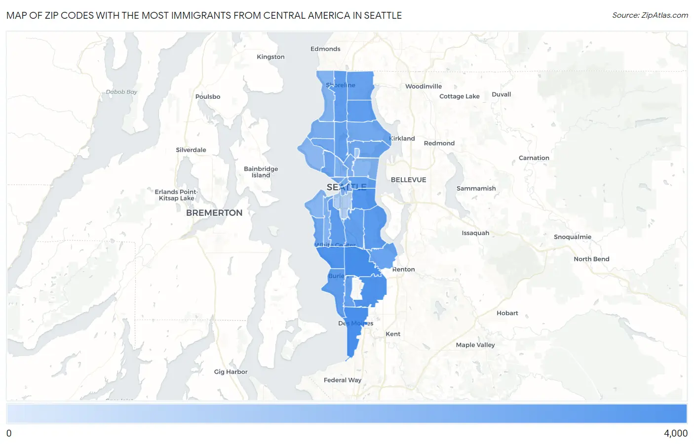 Zip Codes with the Most Immigrants from Central America in Seattle Map