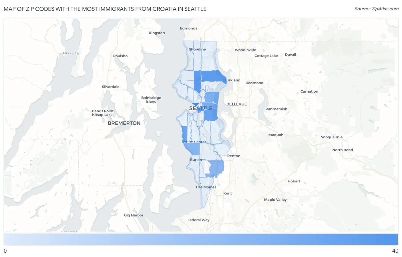 Zip Codes with the Most Immigrants from Croatia in Seattle Map