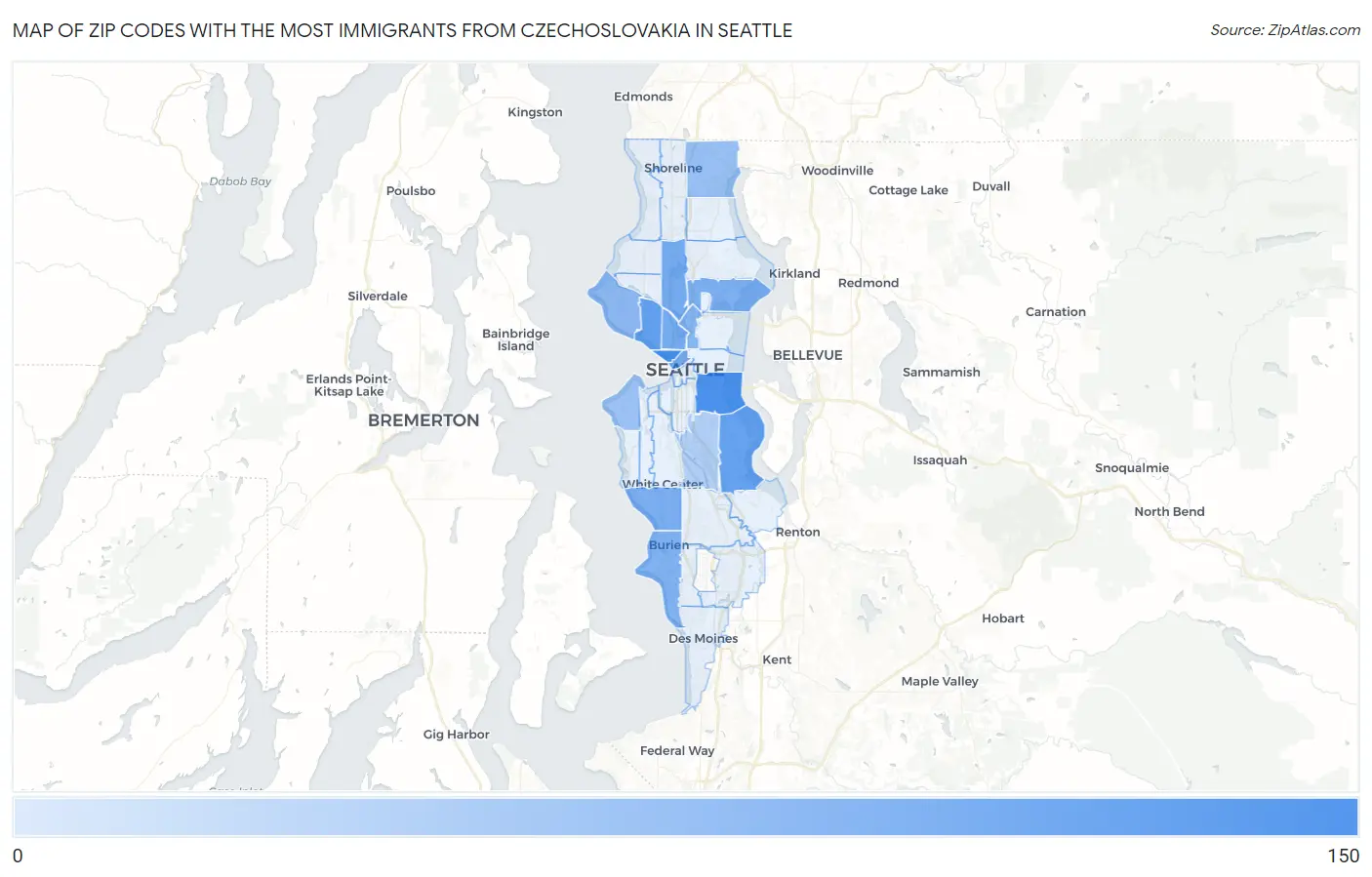 Zip Codes with the Most Immigrants from Czechoslovakia in Seattle Map