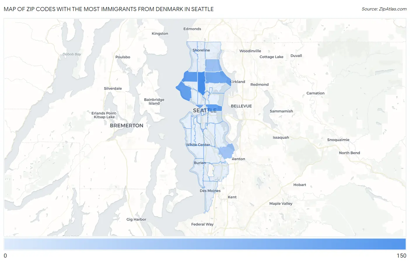 Zip Codes with the Most Immigrants from Denmark in Seattle Map