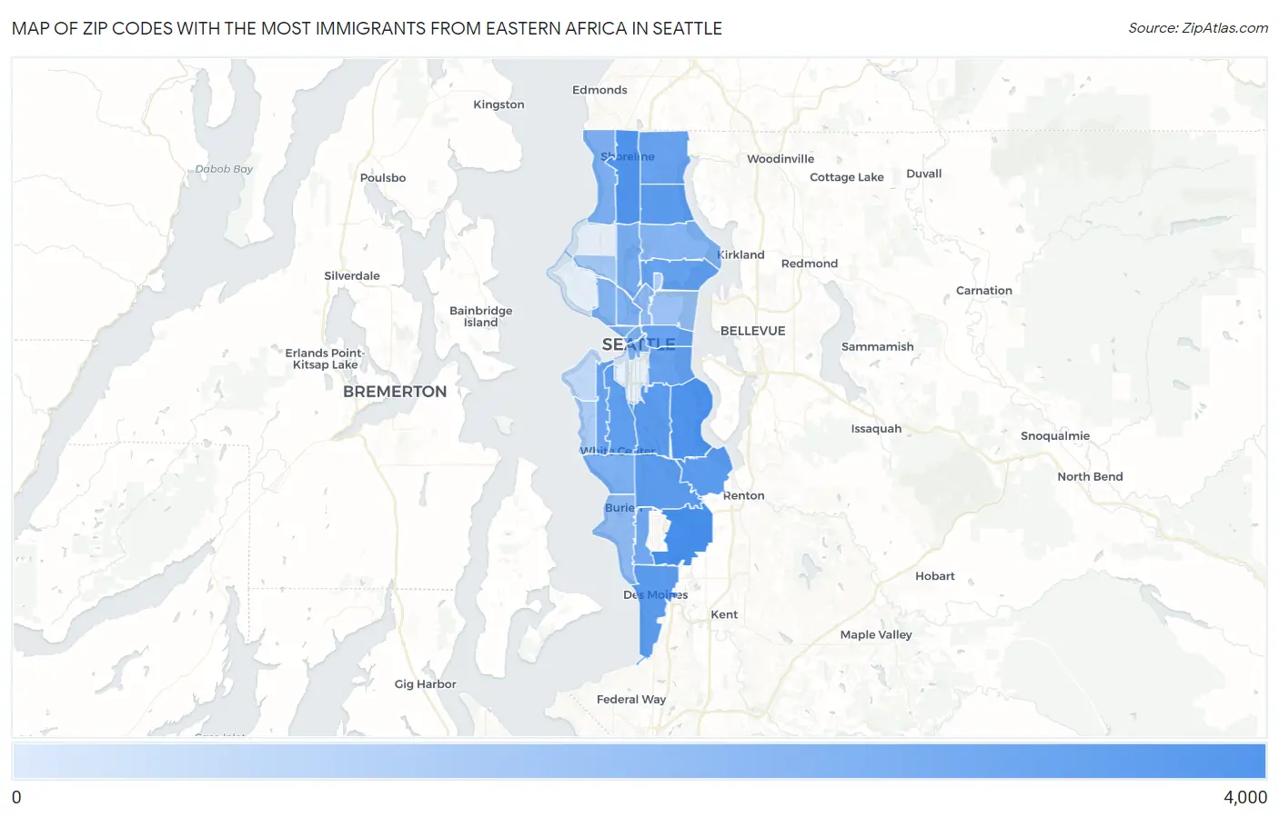 Zip Codes with the Most Immigrants from Eastern Africa in Seattle Map