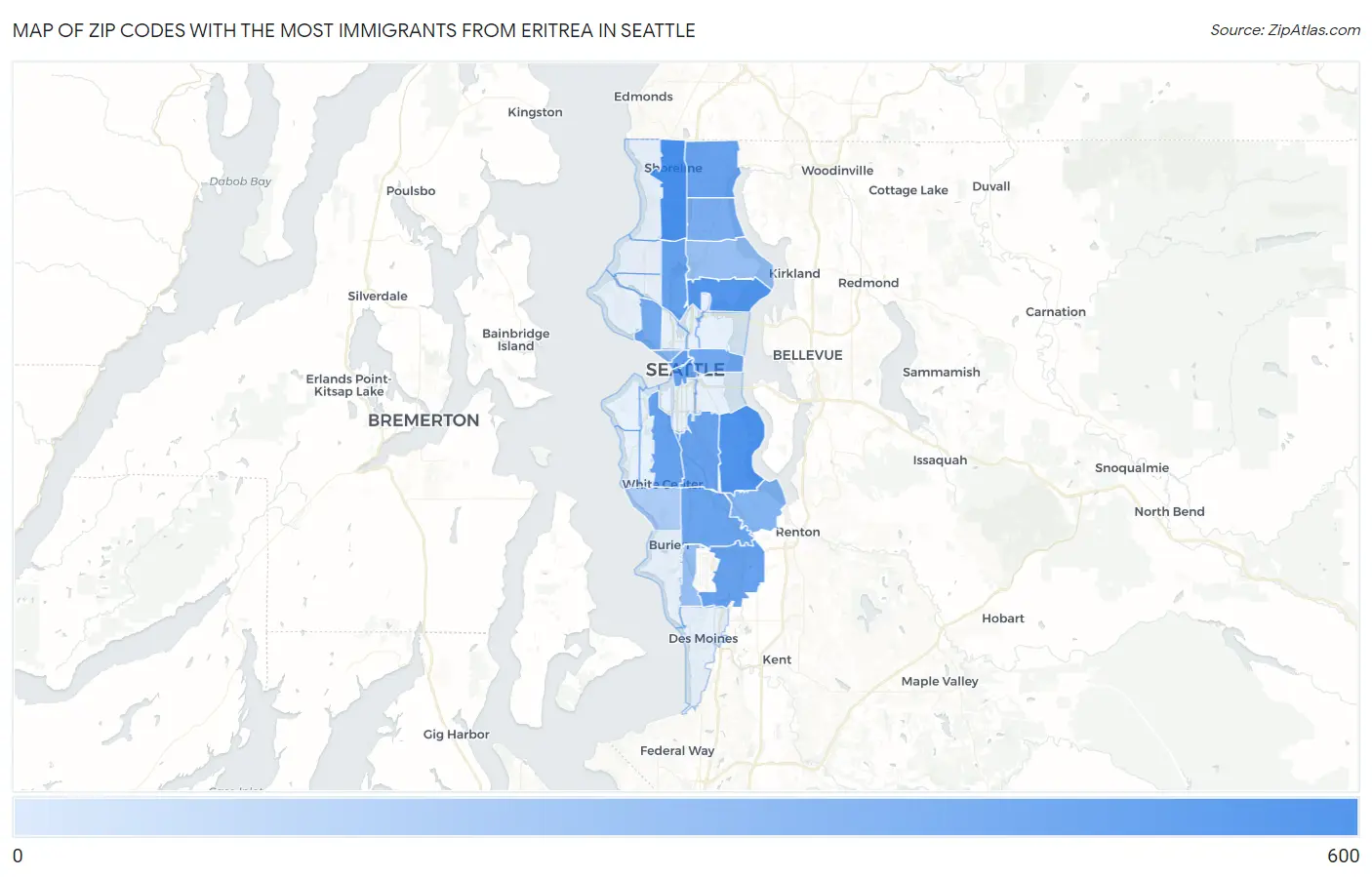 Zip Codes with the Most Immigrants from Eritrea in Seattle Map