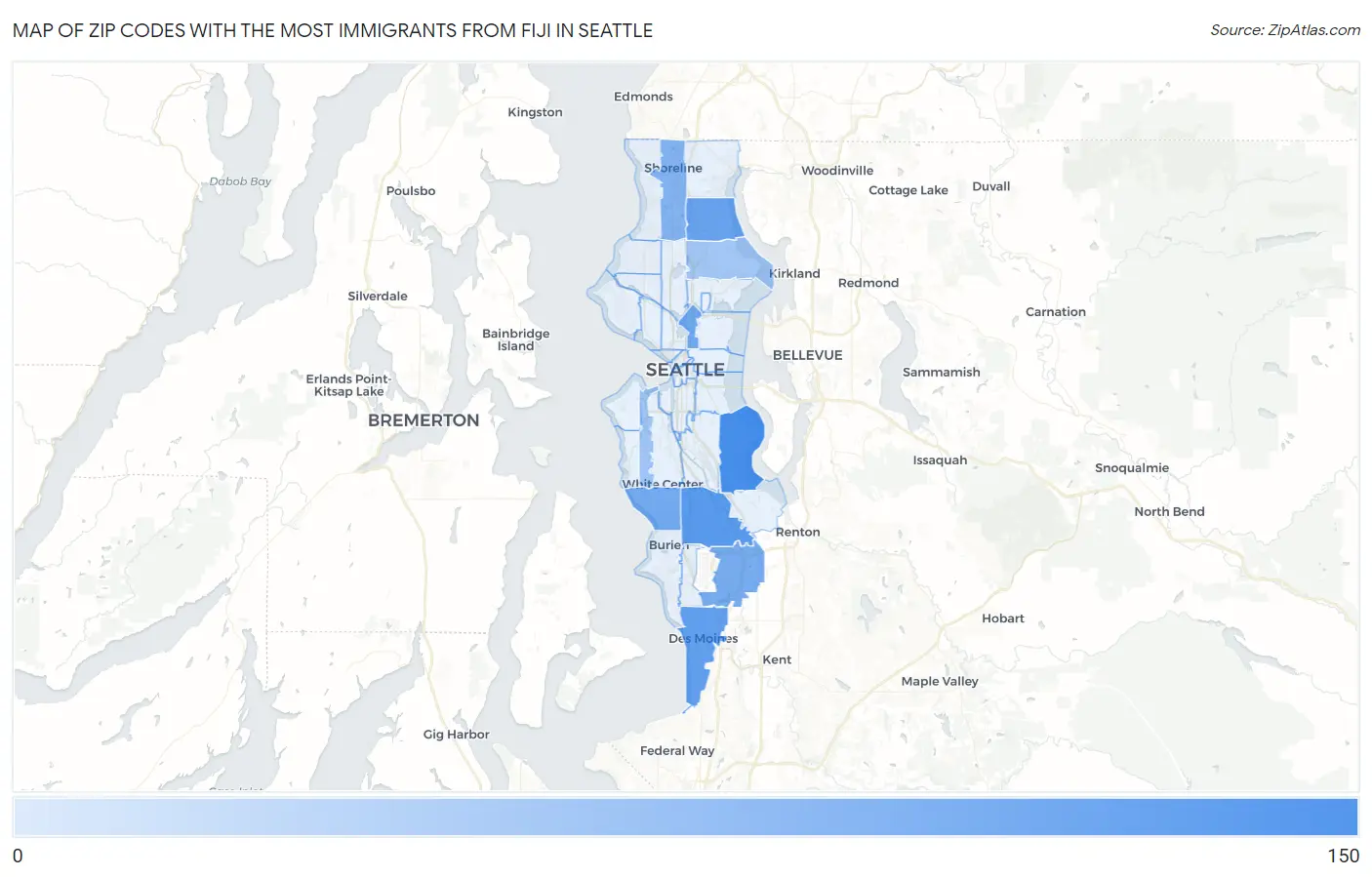 Zip Codes with the Most Immigrants from Fiji in Seattle Map