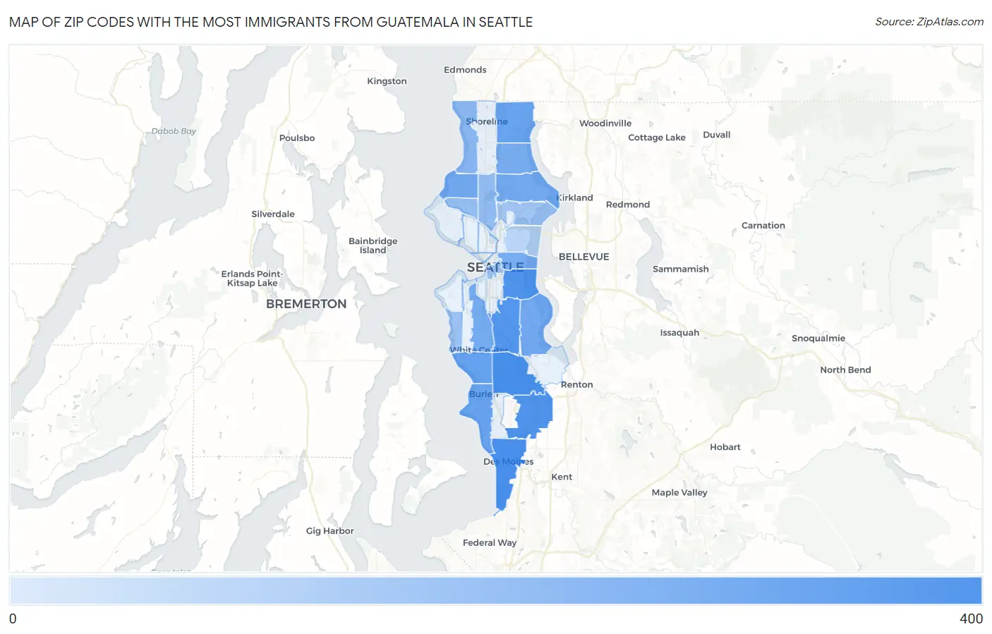 Zip Codes with the Most Immigrants from Guatemala in Seattle Map