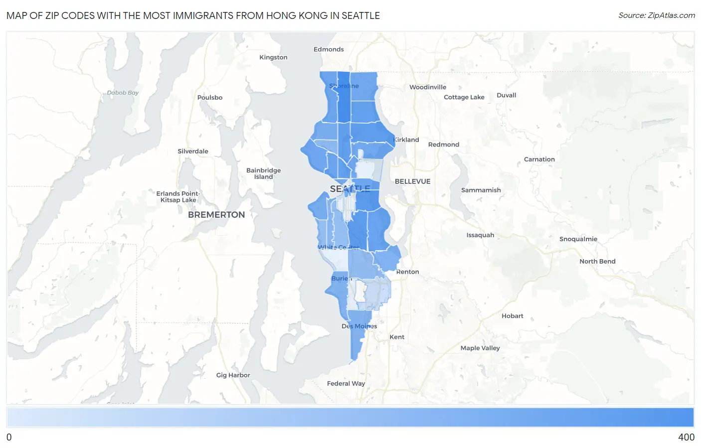 Zip Codes with the Most Immigrants from Hong Kong in Seattle Map
